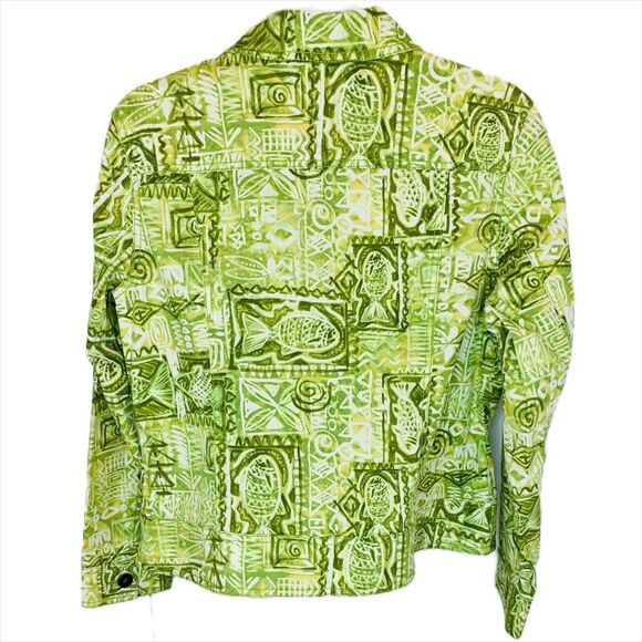 Chico's Jacket Green White Tribal Fish Print Chico Size 1 = Medium 8 Art to Wear - Picture 2 of 7